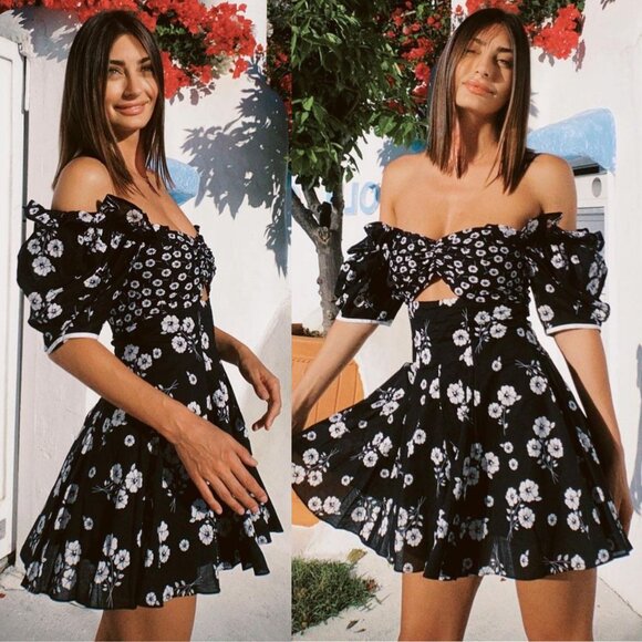 Alice McCall Izabella Mini Dress Black‎ White Floral Off Shoulder Size 8 - Picture 2 of 12